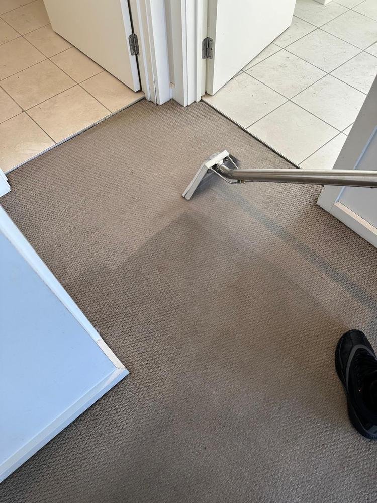 Extraction wand cleaning carpet at a doorway
